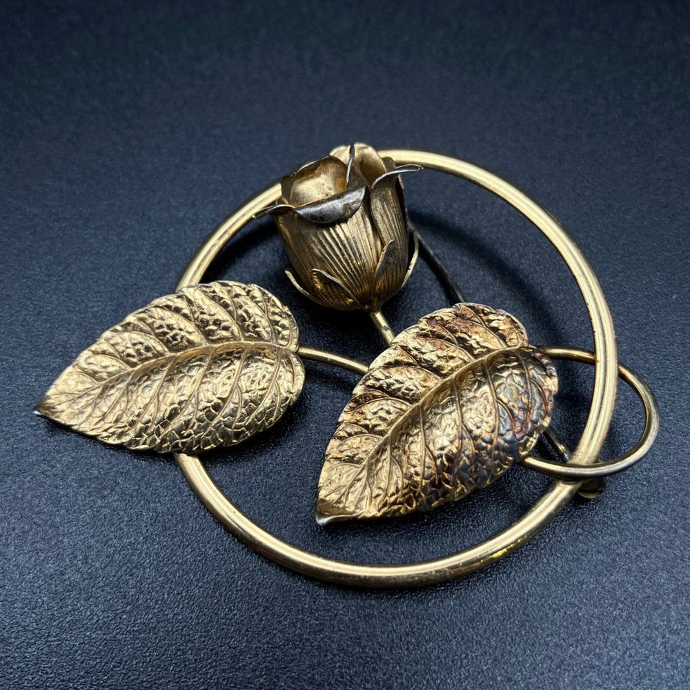 Vintage Forstner Rosebud Brooch Gilt Gold Over Sterling Silver Floral Circle Pin